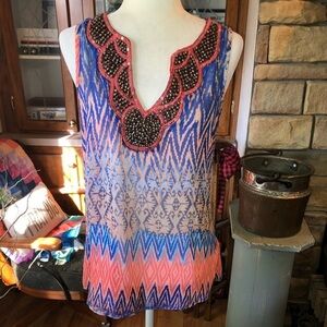 STUDIO Y SIZE MEDIUM BLUE AND PEACH SLEEVELESS SHEER BLOUSE AND CUTOUT BACK